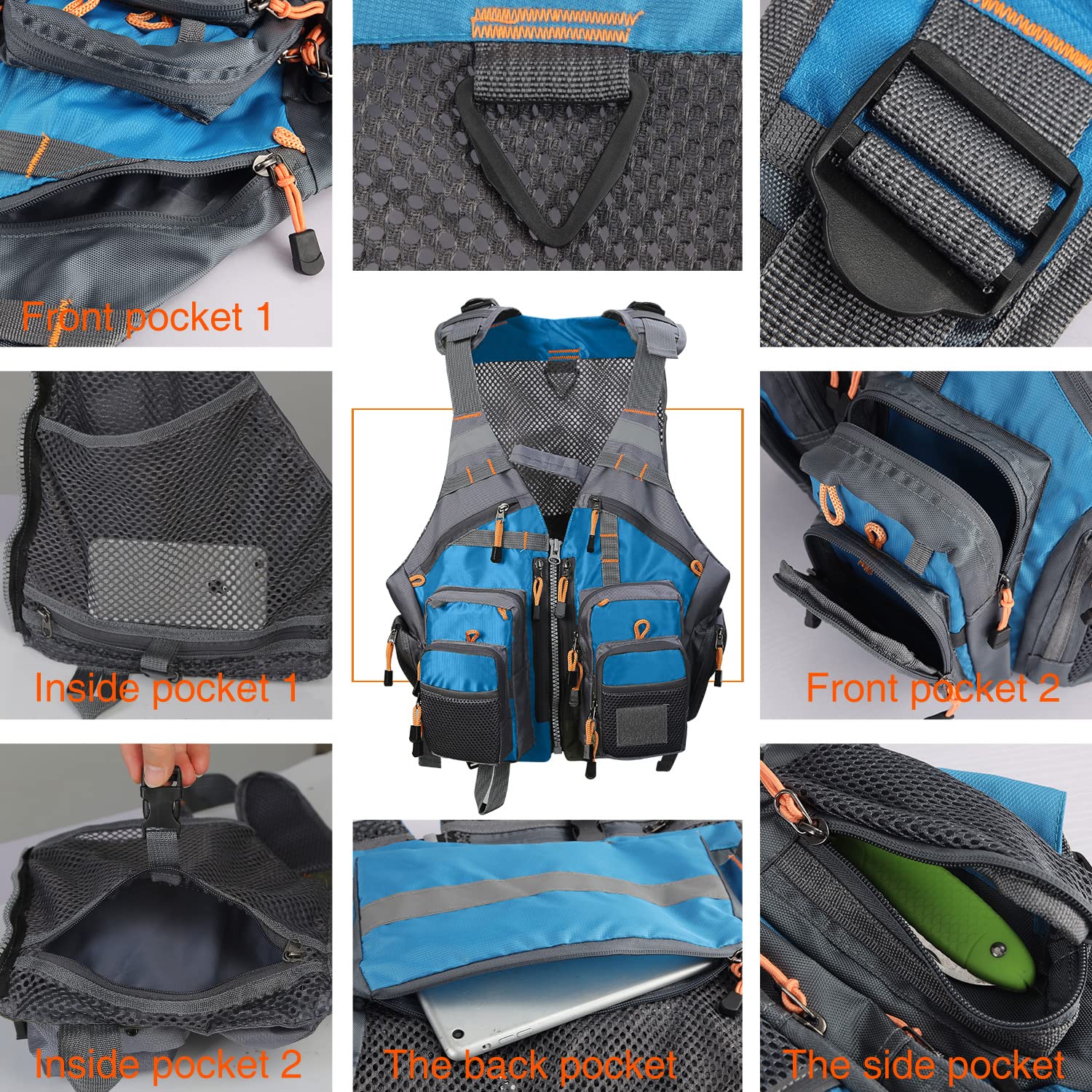 PELLOR Fishing Gilet da Pesca Blu Traspirante Multi Tasche