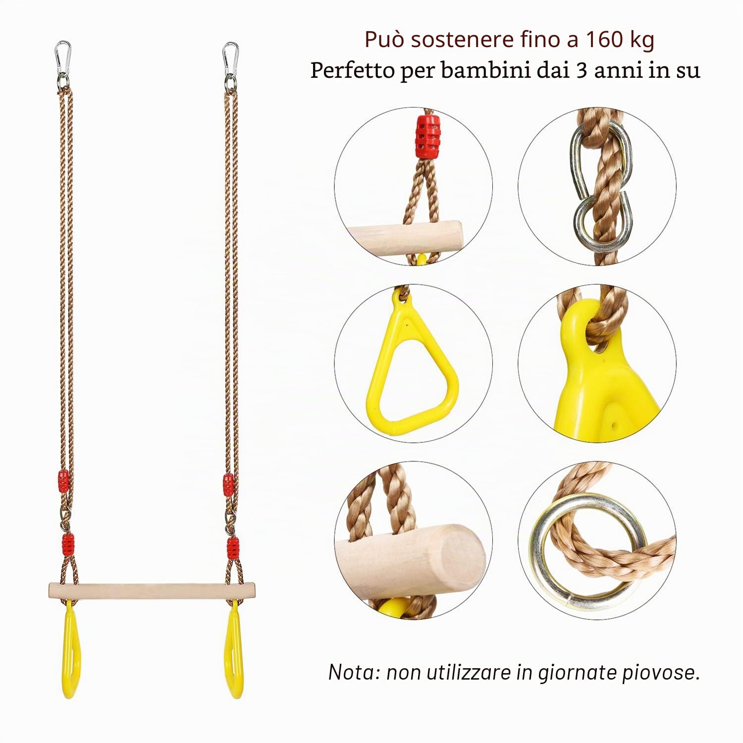 PELLOR Trapezio Legno Giallo Anelli Ginnastica 160 kg