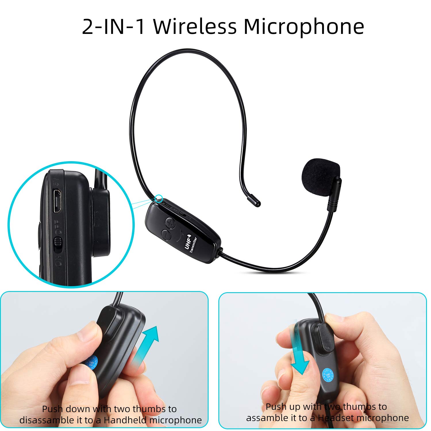 PELLOR Microfono Archetto Wireless UHF 2 in 1 Nero