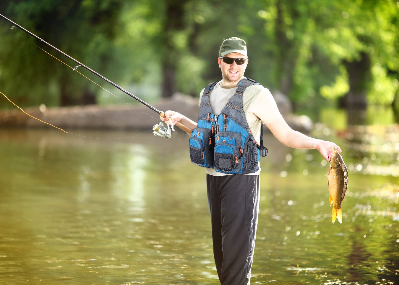 PELLOR Fishing Gilet da Pesca Blu Traspirante Multi Tasche