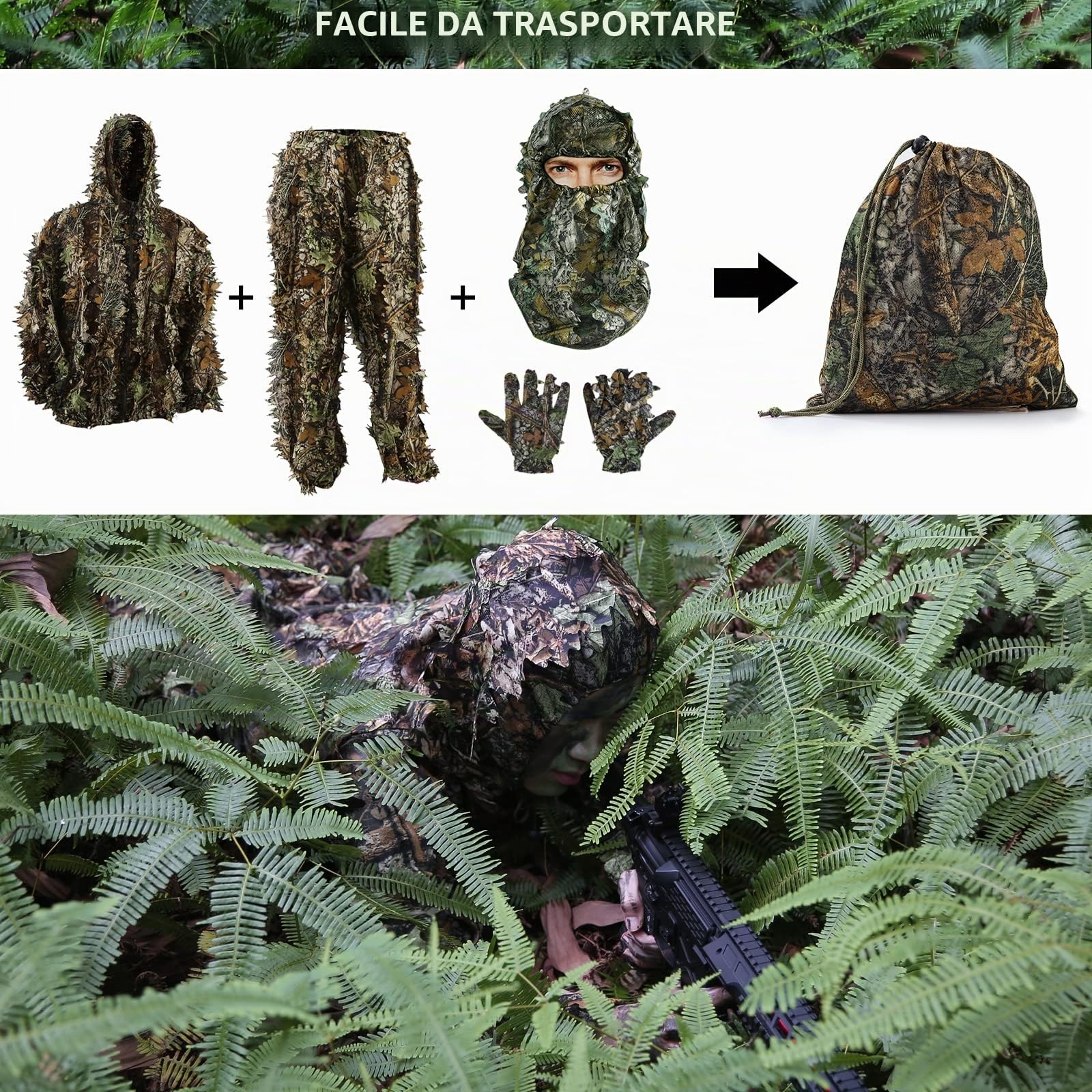 Pellor Hunting tuta mimetica ghillie M-L 3D foglie