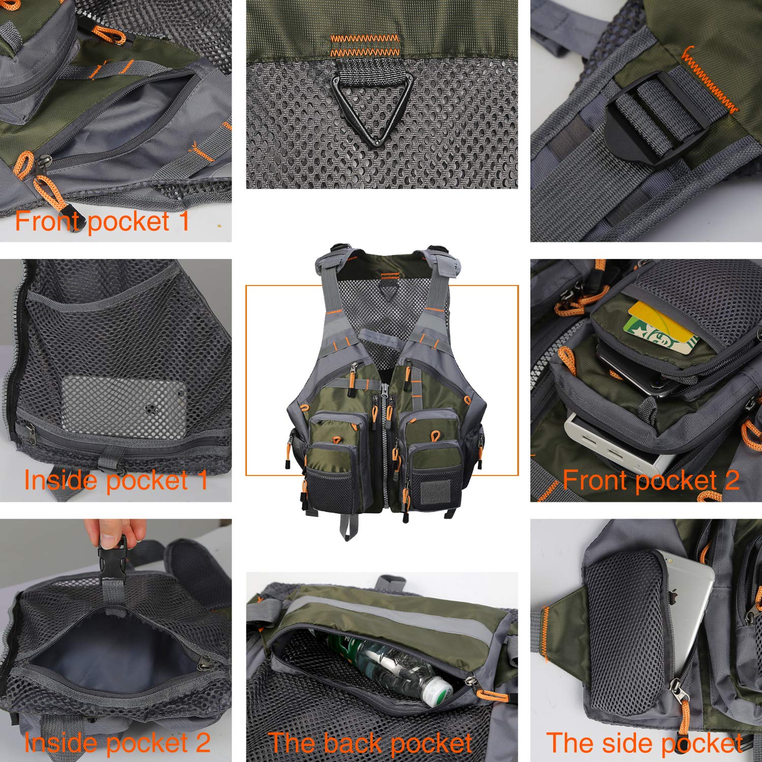 PELLOR Fishing Gilet Pesca Uomo Verde Multi Tasca