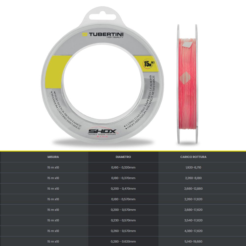 Tubertini Shox Pink shock leader conico 0.16-0.32 15x10m