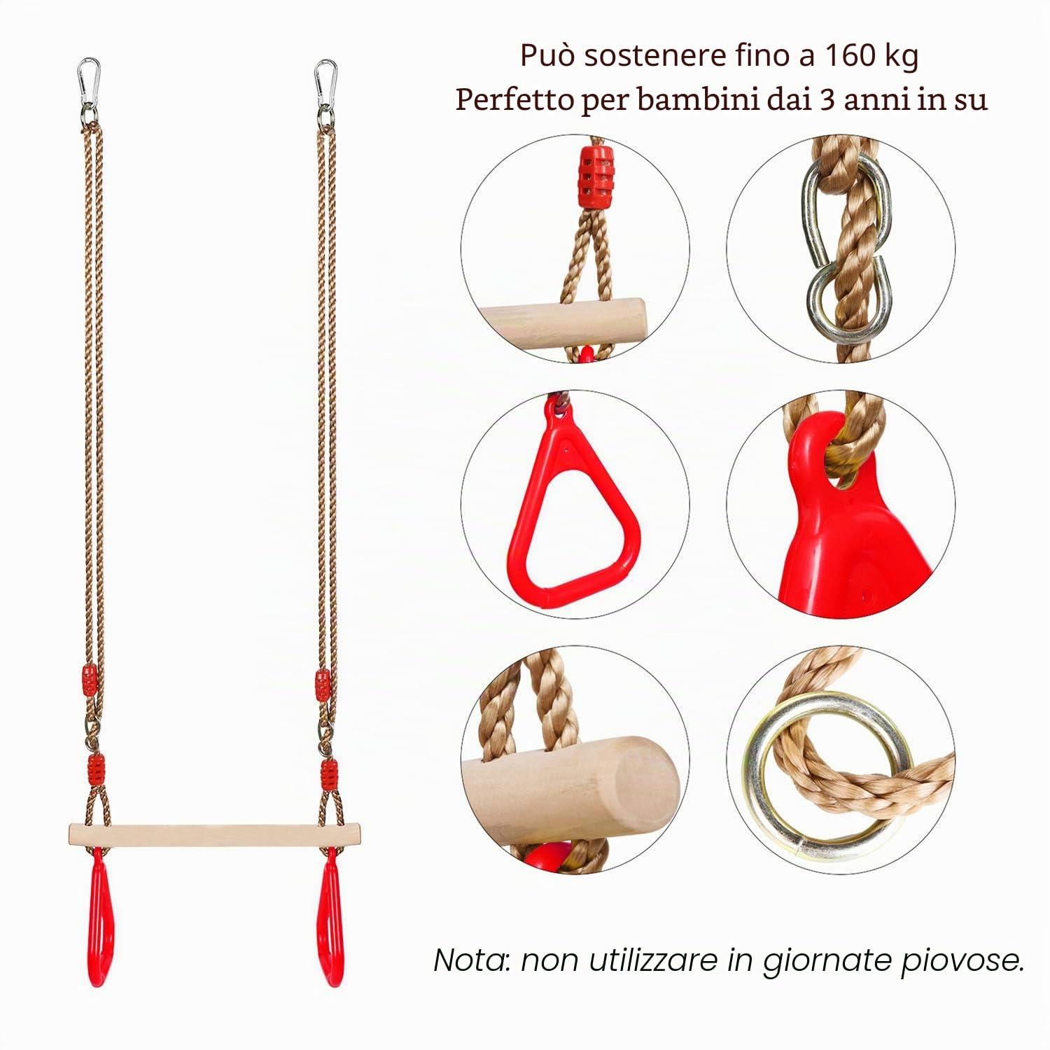 PELLOR Trapezio Legno Rosso Anelli Ginnastica 160 kg