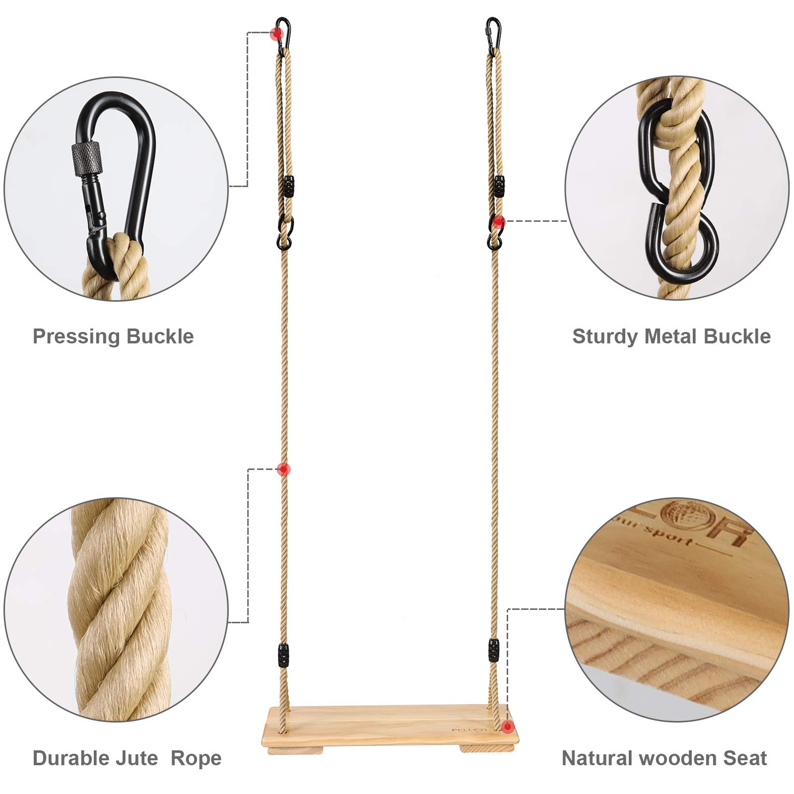 PELLOR Altalena Legno Beige Corda Regolabile 45 cm