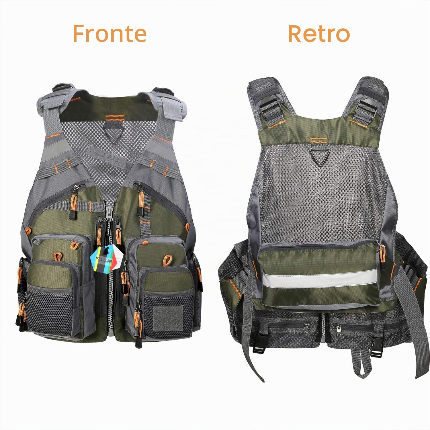 PELLOR Fishing Gilet Pesca Uomo Verde Multi Tasca