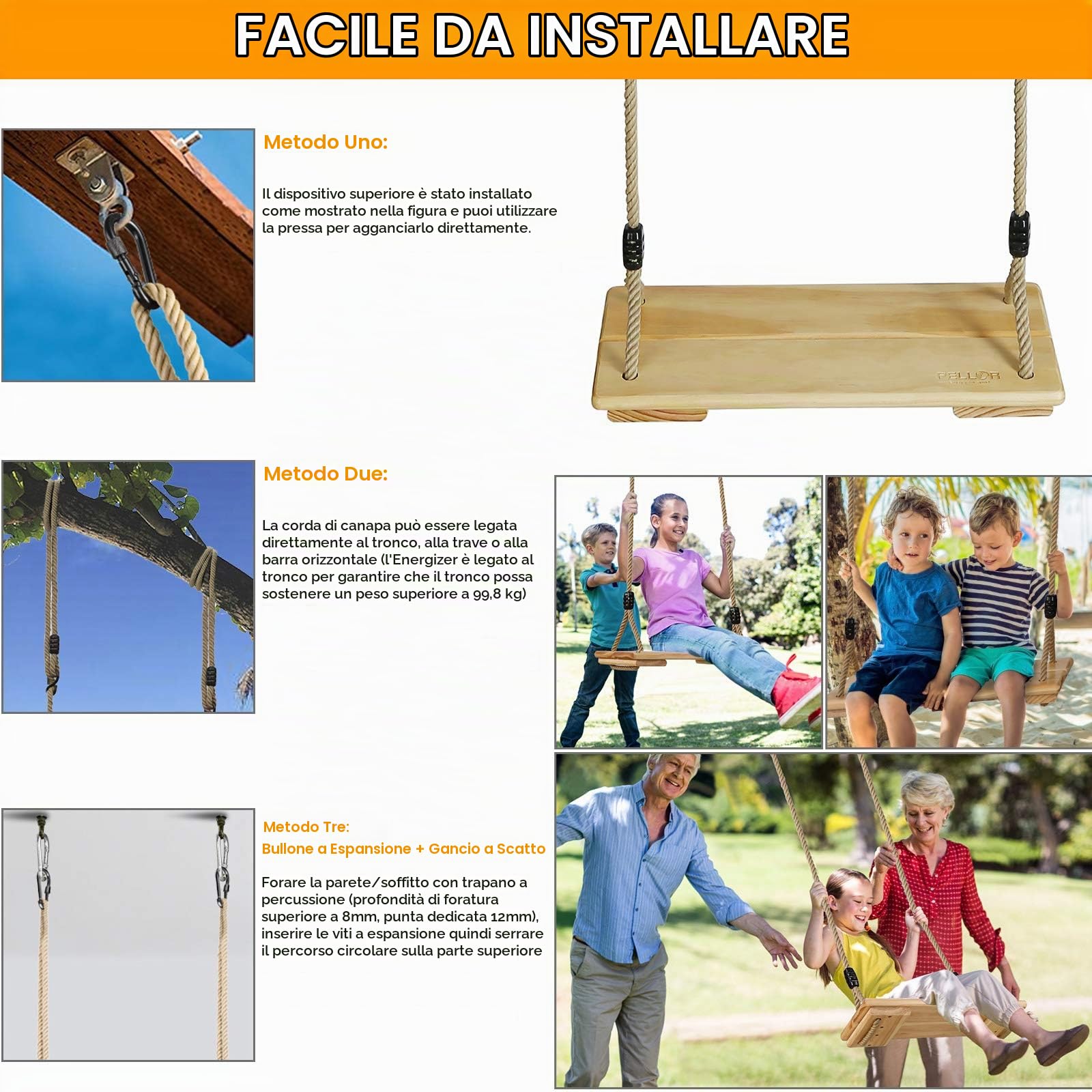 PELLOR Altalena Legno Beige Corda Regolabile 45 cm