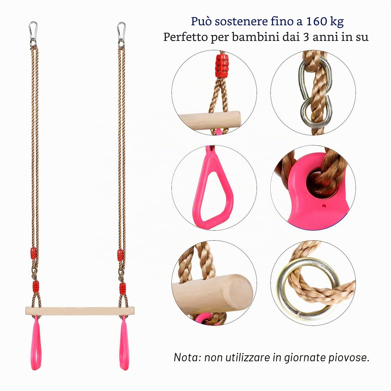 PELLOR Altalena Trapezio Altalena Bambini Rosa 160 kg