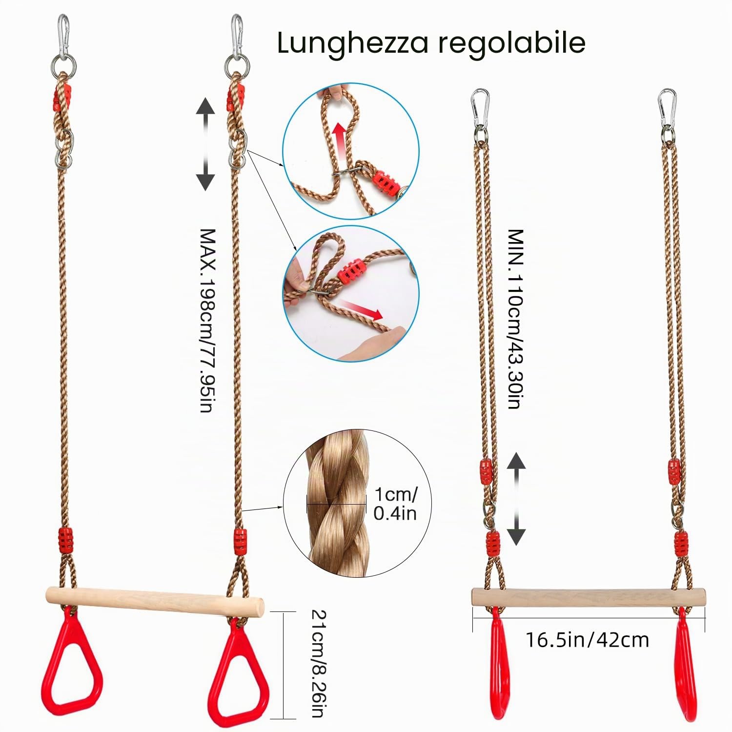 PELLOR Trapezio Legno Rosso Anelli Ginnastica 160 kg