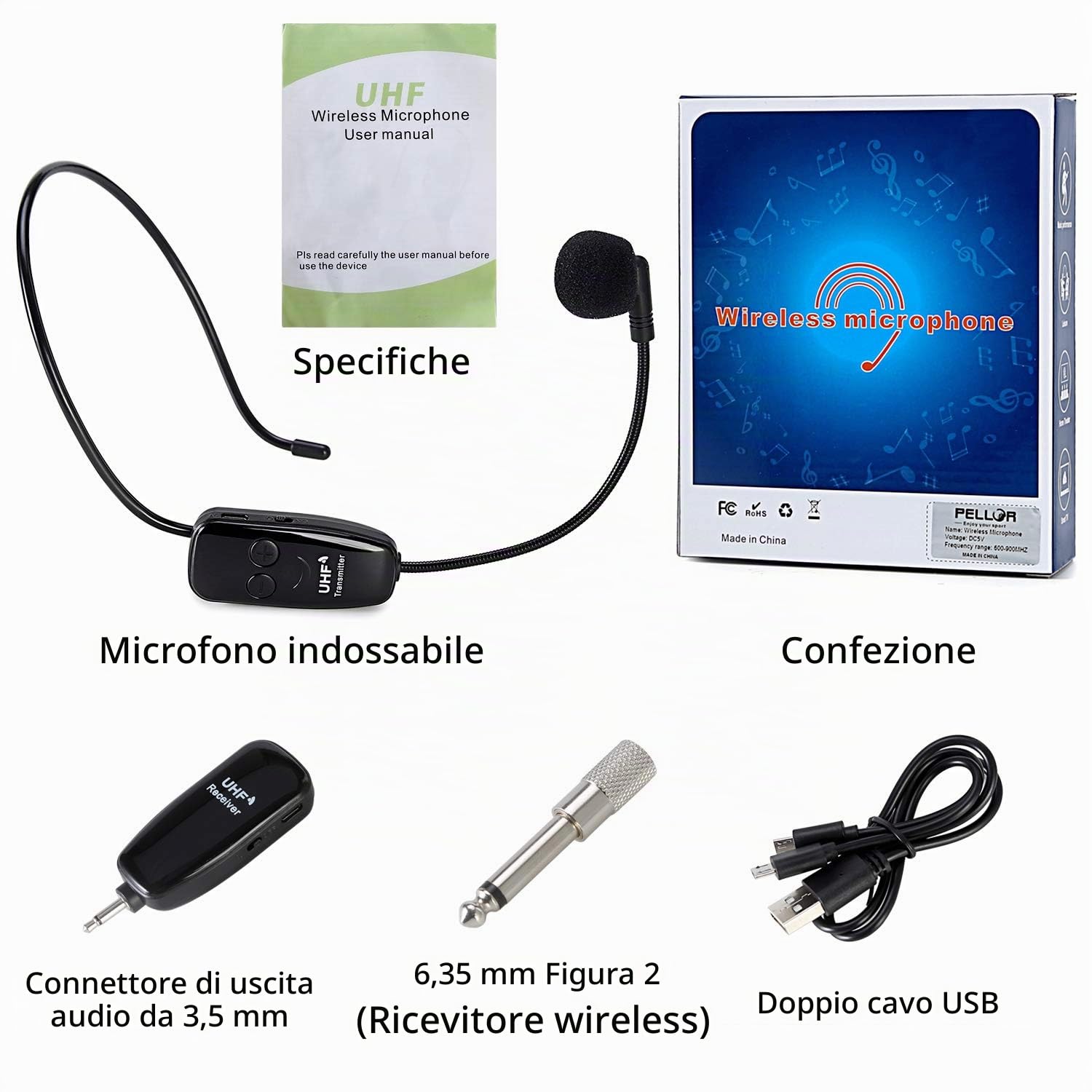 PELLOR Microfono Archetto Wireless UHF 2 in 1 Nero