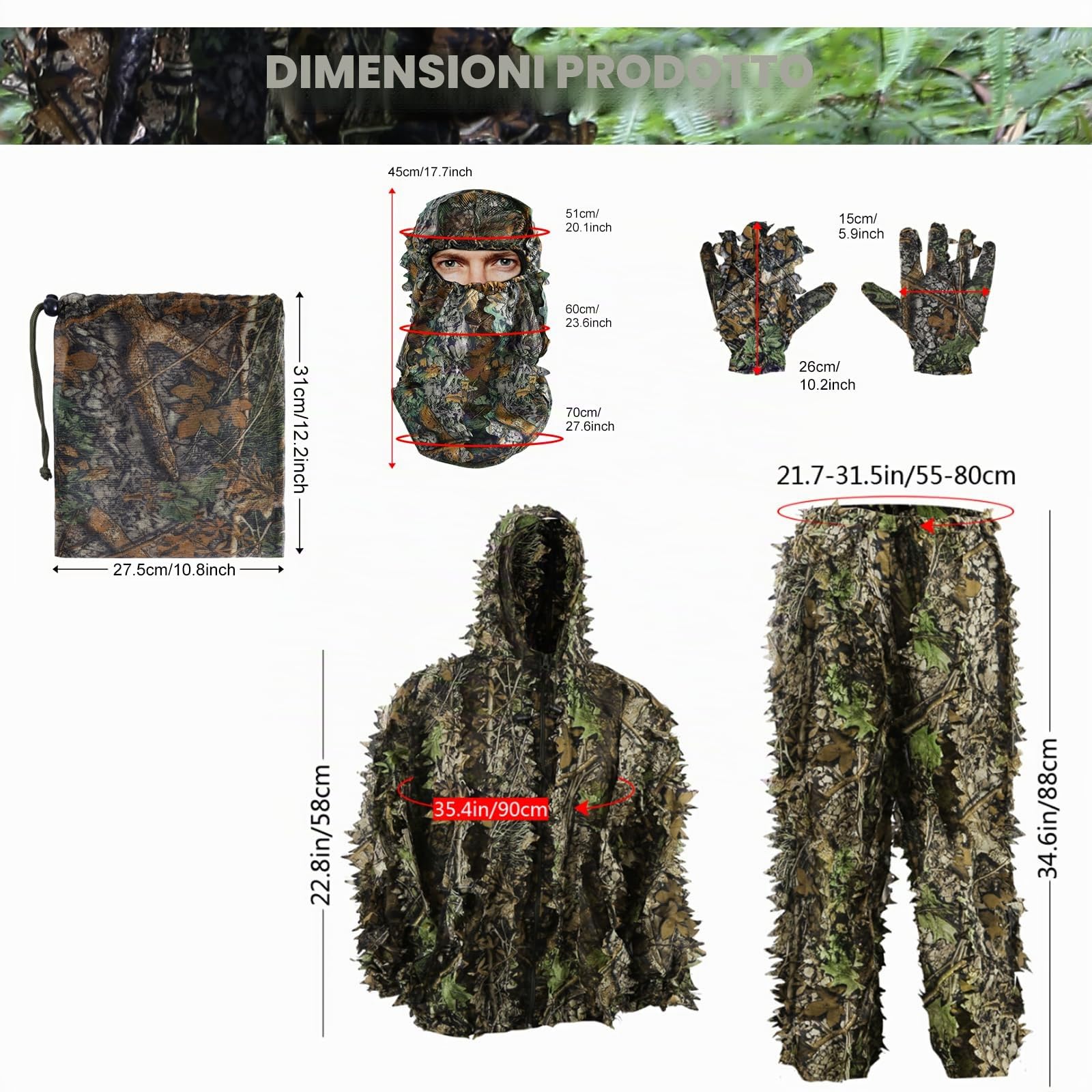 Pellor Hunting tuta mimetica ghillie M-L 3D foglie