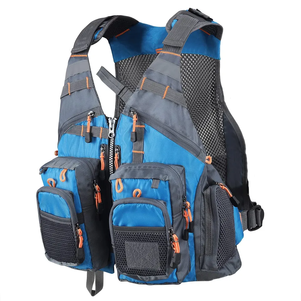 PELLOR Fishing Gilet da Pesca Blu Traspirante Multi Tasche