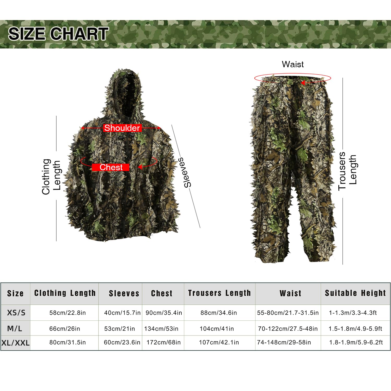 Pellor Hunting tuta mimetica ghillie M-L 3D foglie