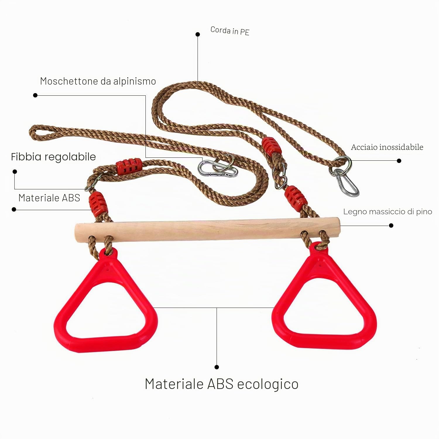 PELLOR Trapezio Legno Rosso Anelli Ginnastica 160 kg