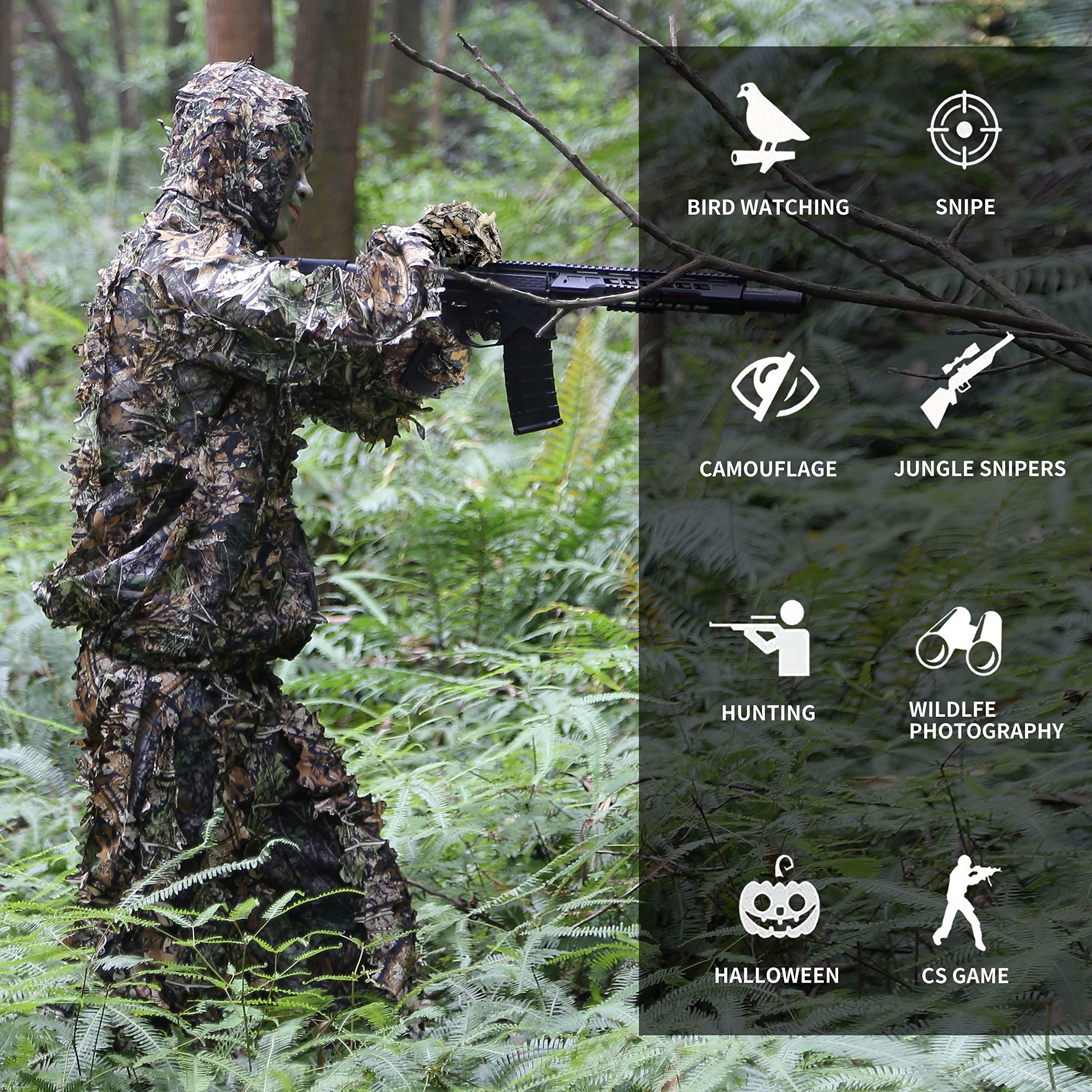 Pellor Hunting tuta mimetica ghillie M-L 3D foglie
