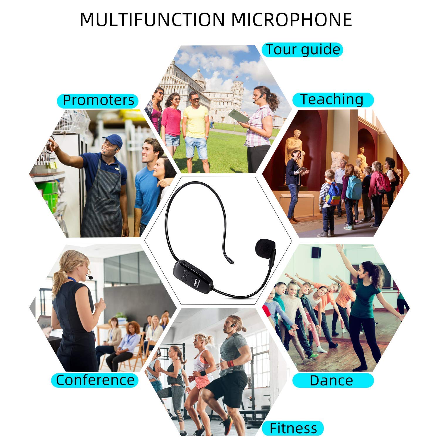 PELLOR Microfono Archetto Wireless UHF 2 in 1 Nero